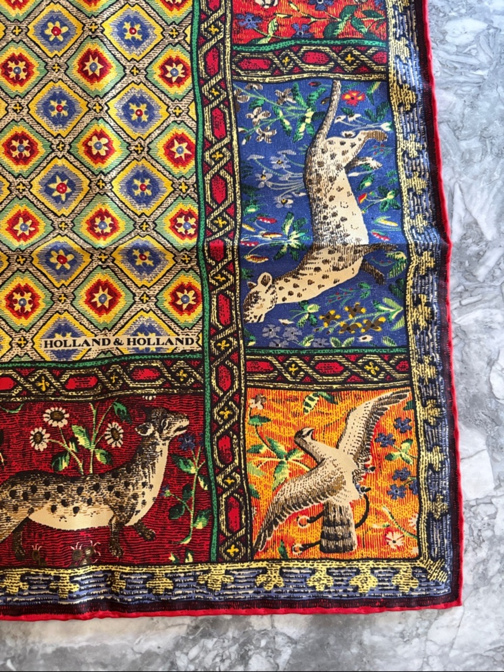 Vintage Holland & Holland Multicolor Wildlife Silk Scarf-Red,Blue, Yellow,Orange